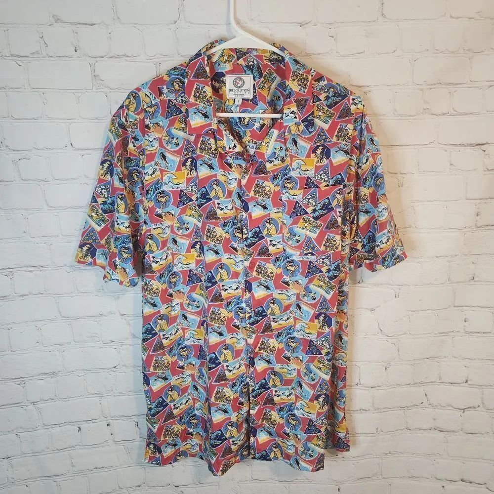 Resolution Vibrant Multicolor Men's Hawaiian Shirt, Size Large